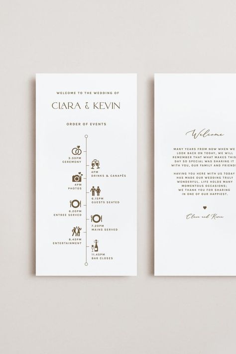 The simple elegance of this minimalist wedding welcome bag note from our Clara collection offers a clean yet attractive way to communicate the itinerary for the day and keep your guests on schedule. Our editable templates make it quick and easy for brides to acquire wedding stationery that is elegant, refined, and budget-friendly. Purchase, edit, and print within minutes using the Templett app - a user-friendly editing software that opens directly in your web browser. FILES INCLUDE Welcome Bag N Evening Wedding Schedule Of Events, Wedding Beauty Prep Timeline, Reception Itinerary Timeline Events, Short Wedding Timeline Day Of, Welcome Bag Note, Wedding Day Timeline Template, Reception Timeline, Wedding Reception Timeline, Wedding Order Of Events