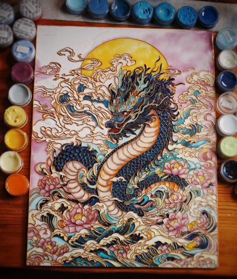 This cloisonne painting also comes from artist in Jiangsu. #chineseculture #chineseart #cloisonne #craft #handicraft #painting Dragon Painting, Copper Work, Asian Painting, Dragon Drawing, Chinese Culture, Craft Organization, Handmade Furniture, Wire Art, Traditional Chinese