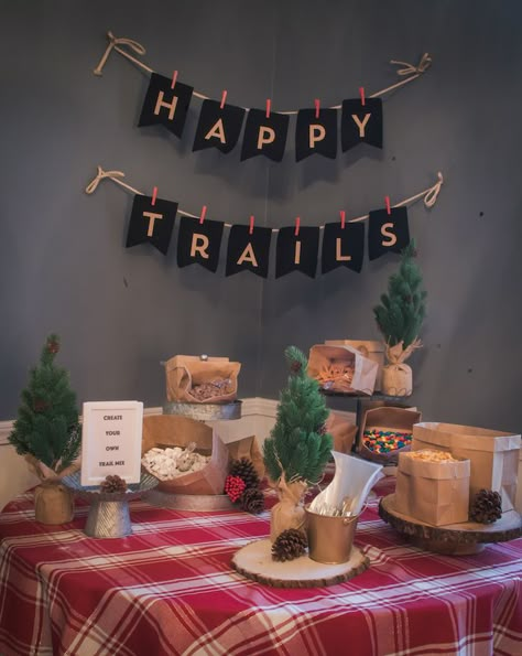 Trail Mix Bar Paper Bags, Retirement Camping Theme, Hiking Birthday Theme, Camping Retirement Party, Camping Retirement Party Ideas, Happy Trails Retirement Party, Outdoorsy Theme Birthday Party, Alaska Themed Party, Mountain Themed Birthday Party