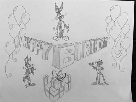 Happy birthday Happy Birthday Sketch Drawing, Happy Birthday Drawing, Cartoon Bugs, Birthday Pencils, 2 Point Perspective, Happy Birthday Drawings, Birthday Drawing, Sketch Cartoon, 3d Sketch