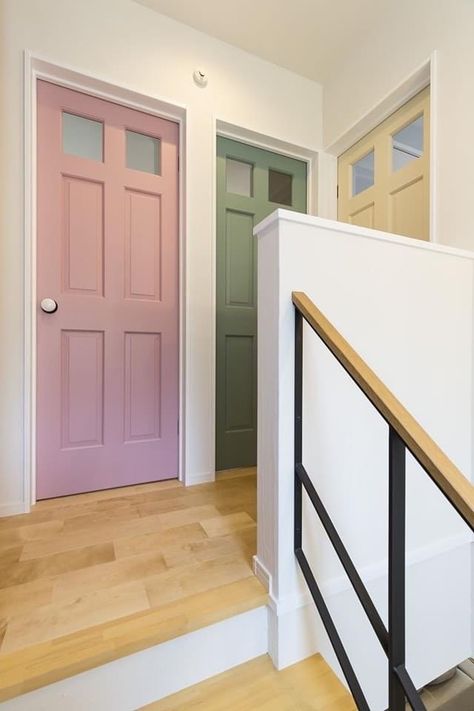 Colored Doors Interior, Stairs 2023, Interior Door Colors, Electric Colors, Painted Interior Doors, Colorful Apartment, Apartment Door, Hallway Designs, Maximalist Decor