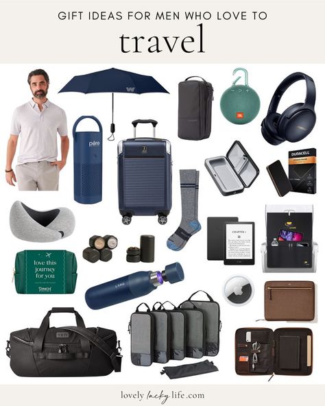 This list of 20 unique travel gifts has something for every type of traveler, from practical gadgets to stylish accessories. Whether he's a frequent flyer or a road trip enthusiast, these gifts will make his travels even more enjoyable. #travel #giftideas #giftguide #fathersday #giftsfordad #giftsforhim #travelhacks #musthaves #amazonfinds Work Travel Essentials Men, Amazon Gadgets For Men, Travel Gift Ideas For Him, Gifts For Travelers Men, Men’s Gift Guide, Travel Essentials For Men, Mens Travel Essentials, Mens Travel Style, Travel Gift Basket