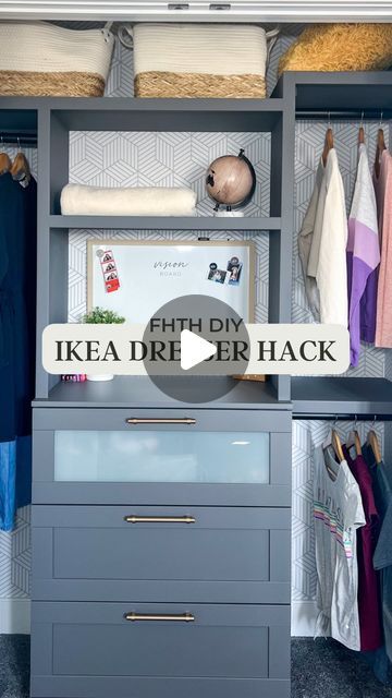 Jenna Rutherford // DIY & Home Renovations 🇨🇦 on Instagram: "Let’s build a closet for my almost 10 year old!

Although space is limited in her closet, I was determined to make sure the dresser we got would fit and she wouldnt lose space for hanging her clothing. She also needed a better system for storing her blankets and extras so i knew I needed to make shelving.

#closetorganization #closetmakeover
#diyhomeprojects #ikeahack" Diy Closet With Drawers, Build Dresser Into Closet, Adding Drawers To Closet, Boys Closet Organization Ideas, Diy Closet System With Drawers, Building A Closet, Dresser In Closet Ideas, Closet To Shelf Conversion, In Closet Dresser Kids