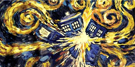 Time and Relative Dimension In Space. The TARDIS can travel anywhere at any time, and there's no shortage of fun facts surrounding the blue police box Doctor Who Van Gogh, Tardis Painting, Tardis Starry Night, Exploding Tardis, Tardis Art, Doctor Who Tardis, Van Gogh Paintings, Wibbly Wobbly Timey Wimey Stuff, Timey Wimey Stuff