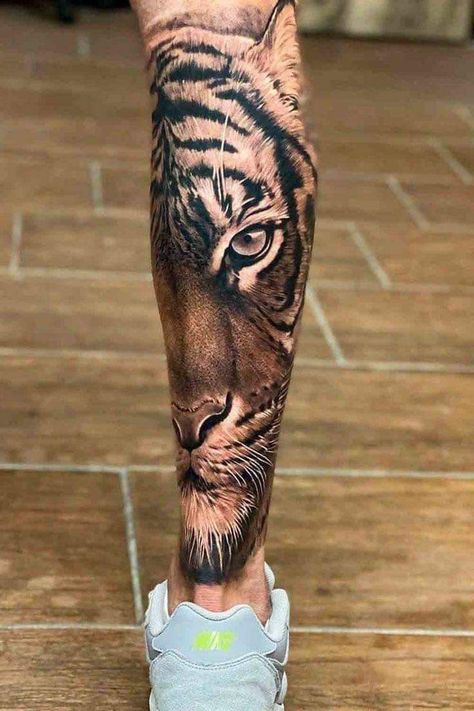 Mens Leg Tattoo Ideas Calves, Lion Leg Tattoo, Calf Tattoo Men, Fierce Tattoo, Animal Tattoos For Men, Tiger Tattoo Sleeve, Best Leg Tattoos, Full Leg Tattoos, Forearm Band Tattoos