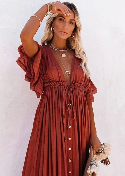 Plus Size Beach Wear, Outfit Chic, Beach Maxi Dress, Ruffled Maxi Dress, Women Long Dresses, Boho Maxi Dress, Loose Dress, Maxi Dress With Sleeves, Bohemian Dress