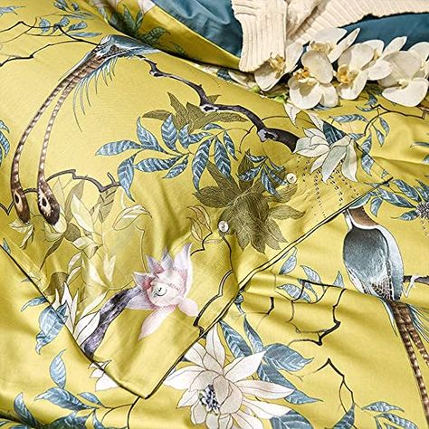 Amazon.com: mixinni Vintage Style Garden Flower Duvet Cover Set with Zipper Closure Soft Cotton Yellow Flower Pattern on Blue Bedding Quilt Cover Set(King,Autumn) : Home & Kitchen Chinoiserie Bedding, Queen Size Bed Sets, Flower Duvet Cover, Egyptian Cotton Duvet Cover, Flower Duvet, Gold Bed, Egyptian Cotton Bedding, King Size Duvet, Cotton Bedding Sets