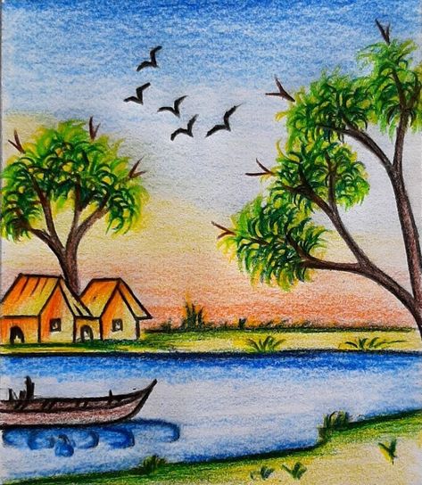 Natural Scenery Drawing Pencil, Natural Scenery Drawing, Village Scenery Drawing, Scenery Drawing Pencil, Nature Drawing Ideas, Nature Drawing For Kids, Easy Nature Drawings, Beautiful Scenery Drawing, Landscape Drawing Easy