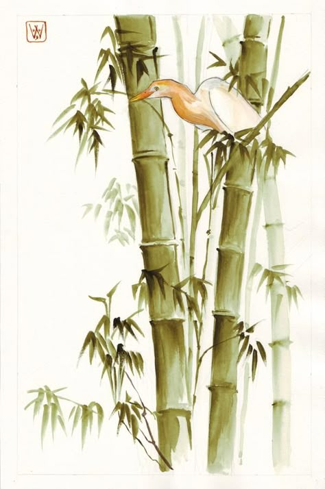 bamboo and heron by emmawood on DeviantArt Bamboo Art Painting, Bamboo Drawing, Bamboo Painting, Bamboo Landscape, Bamboo Trees, Sumi E Painting, Art Chinois, Chinese Art Painting, Japanese Drawings