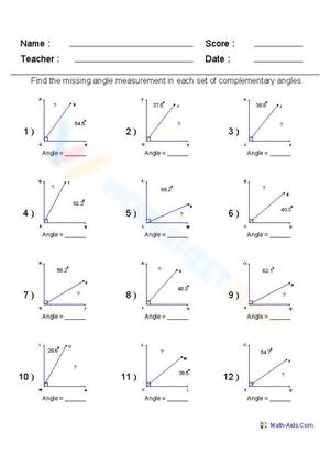 Delve into the world of complementary angles in geometry using our engaging worksheet. Explore the principles of these angle pairs, solve problems, and strengthen your geometric knowledge. This resource is ideal for students and learners seeking to master the concept of complementary angles and enhance their mathematical skills. #Grade-6 #Grade-7 Angle Pairs, Complementary Angles, Angles Worksheet, Grade 7, Grade 6, Solve Problems, Problem Solving, Geometry