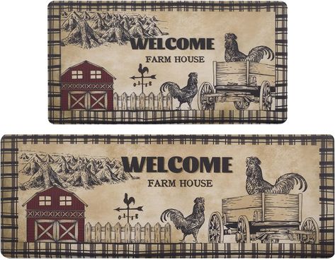 ASPMIZ Farmhouse Kitchen Mat Set Anti Fatigue 2 Piece, Non-Skid Waterproof Kitchen Mats and Rugs Cushioned, Washable Kitchen Rug Chicken Floor Comfort Mats for Kitchen Home, 18'' x 48'' + 18'' x 30'' Farmhouse Kitchen Flooring, Farmhouse Kitchen Rugs, Kitchen Rugs Washable, Rooster Kitchen, Kitchen Rugs And Mats, Farm House Colors, Kitchen Mats, Kitchen Rugs, Kitchen Mats Floor