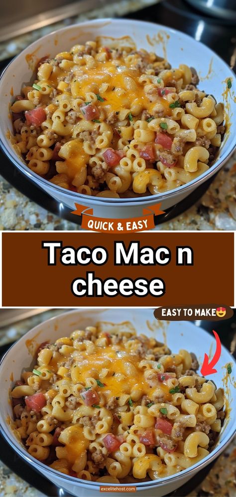 Ingredients: 1 lb ground beef 1 packet taco seasoning mix 1 cup water 2 cups elbow macaroni 3 cups shredded cheddar cheese 2 cups milk 2 tablespoons Mac And Cheese With Ground Beef, 1lb Ground Beef Recipes, Taco Mac N Cheese, Elbow Macaroni Recipes, Taco Mac, Beef Taco Seasoning, Taco Mac And Cheese, Ground Beef Taco Seasoning, Kraft Mac N Cheese