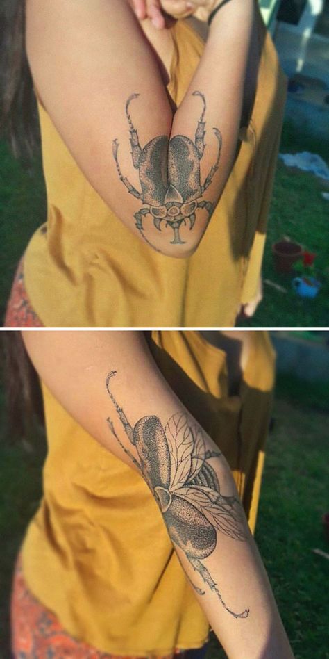 Tattoos That Move With You, Moth Opening Knee Tattoo, Elbow Insect Tattoo, Moving Moth Tattoo, Tattoos That Move With Elbow, Moving Leg Tattoo, Elbow Bug Tattoo, Elbow Beetle Tattoo, Beetle Arm Tattoo