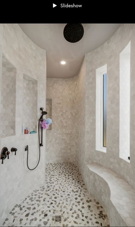 Luxury Master Shower Walk In, Master Bath Walk Through Shower Ideas, Curved Walk In Shower, Grotto Shower Master Bath, Luxury Showers Master Baths Walk In, Huge Shower Walk In Master Bath, Walk Behind Shower Master Bath, Fancy Showers Walk In, Cave Shower Walk In