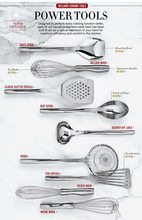 Designed to perform every cooking function better, each of their signature stainless-steel tools has been built to act as a natural extension of your hand for maximum efficiency and comfort in the kitchen. Kitchen Utensils List, Kitchen Essentials List, Steel Utensils, Resepi Biskut, Kitchen Guide, Dining Etiquette, Stainless Steel Utensils, Essential Kitchen Tools, Cooking Basics