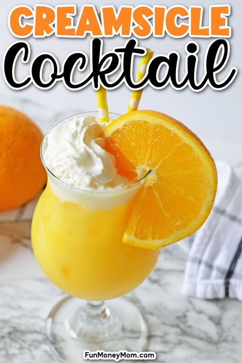 It's no surprise that this Orange Creamsicle Cocktail is one of our favorite party drinks! Made with whipped cream vodka, creme of coconut and orange juice, it's a sweet, creamy, and delicious cocktail that's always a crowd pleaser! Alcoholic Drinks Rum, Orange Creamsicle Cocktail, Creamsicle Cocktail, Creamsicle Drink, Creamsicle Milkshake, Orange Juice Cocktails, Orange Juice And Vodka, Orange Juice Drinks, Vodka Recipes Drinks