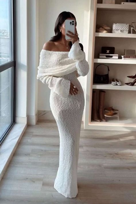 Off Shoulder Open Knit Maxi Dress Girls Night Dress, Dresses Date Night, Knit Maxi Dress, Crochet Fabric, Date Night Dresses, Maxi Knit Dress, Shoulder Design, Open Knit, Dress Cuts