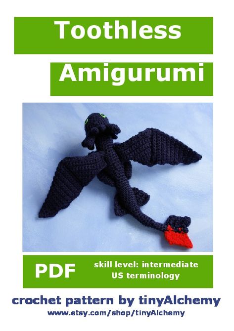 Toothless AmigurumiPDFskill level: intermediate US terminologycrochet pattern by tinyAlchemy www.etsy.com/shop/tin... Toothless Crochet Pattern Free, Toothless Pattern, Crochet Toothless, Crochet Dragon Pattern, Toothless Dragon, Craft Logo, Crochet Dinosaur, Crochet Dragon, Crochet Animals Free Patterns