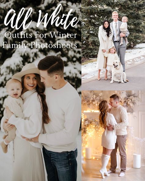 Family Christmas Pictures White Outfits, White Photo Shoot Outfits, Ivory Family Photo Outfits, White Christmas Outfit Family, Winter White Christmas Outfit, Cream Family Picture Outfits Winter, Christmas Pic Outfit Ideas, White Outfit Christmas Pictures, White Outfit Family Pictures