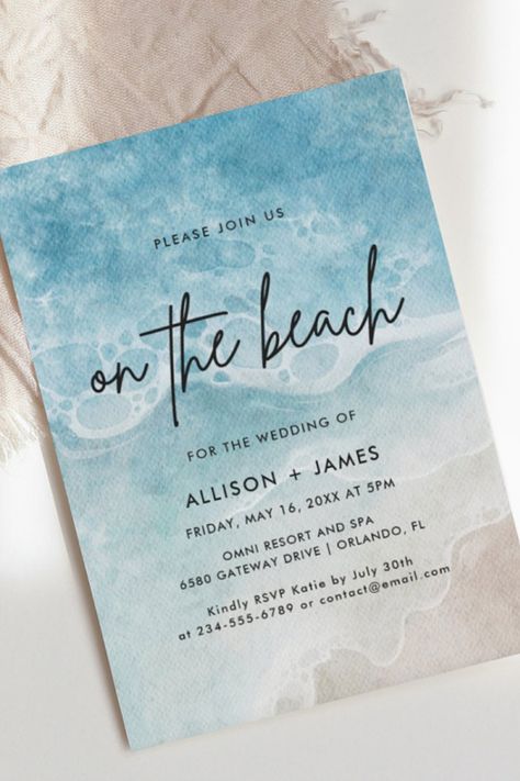 card size 5" x 7", summer, beach, watercolor style Diy Wedding Beach, Reception On The Beach, Beach Wedding Schemes, Light Blue And White Beach Wedding, Wedding Beach Invitations, Affordable Beach Wedding, Beach Christmas Wedding, Summer Wedding Beach, Boho Beach Wedding Invitations