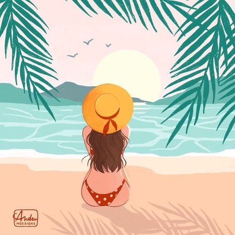 Swimsuit Illustration, Beach Cartoon, Ocean Drawing, Digital Portrait Illustration, Beach Art Painting, Art Assignments, Beach Canvas Wall Art, Beach Illustration, Canvas Drawing