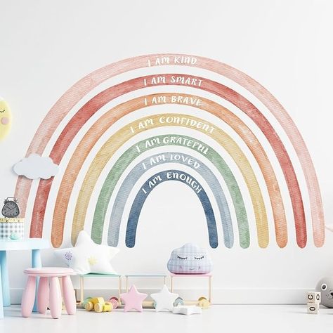 Amazon.com: Tinideya 76.77x47.24'' Watercolor Large Rainbow Wall Decal with Inspirational Quote Peel and Stick Rainbow Wall Stickers Waterproof Decal for Girls Kids Bedroom Classroom Nursery Playroom(Cute) : Baby Large Rainbow Wall Decal, Ultimate Playroom, Watercolor Rainbow Wall, Rainbow Room Decor, Rainbow Decal, Kid Furniture, Inspirational Quotes For Girls, Rainbow Wall Decal, Rainbow Wall Decor