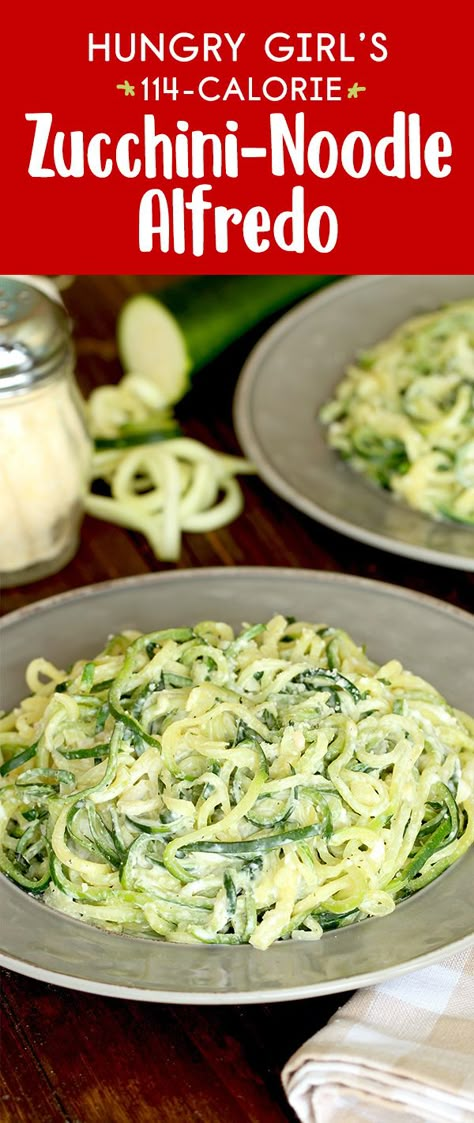 Zucchini-noodle recipe! This low-carb spaghetti swap is topped with a creamy low-calorie sauce that tastes like Alfredo! 1/2 recipe: 114 calories | 7g fat Low Calorie Zucchini Noodle Recipes, Green Giant Zucchini Spirals Recipes, Healthy Noodle Sauce Recipes, Zucchini Noodle Alfredo, Low Calorie Zoodle Recipes, Zuchinis Recipe Low Calorie, Frozen Zoodle Recipes, Recipes For Zucchini Noodles, Healthy Fettuccine