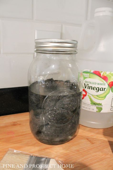 Aging Wood: Vinegar and Steel Wool Solution - Pine and Prospect Home Steel Wool And Vinegar Stain On Pine, Steel Wool Vinegar Stain, Vinegar Stain, Homemade Vinegar, Steel Wool And Vinegar, Wood Vinegar, Pine And Prospect, Pine And Prospect Home, Garage Hacks