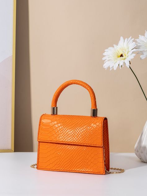 Orange Funky Collar  PU Leather Snakeskin Print Square Bag Embellished   Women Bags Orange Mini Bag, Orange Purse, Pu Leather Bag, Word Wrap, Orange Bag, Embroidered Bag, Polyester Material, Neon Orange, Chain Bags