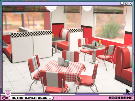 The Sims Resource - retro diner deco set Give Me A Nickname, Glass Dining Room Sets, Diner Sign, Modern Living Room Set, Cc Patreon, Diner Table, Retro Table, Retro Diner, Mid Century Modern Living