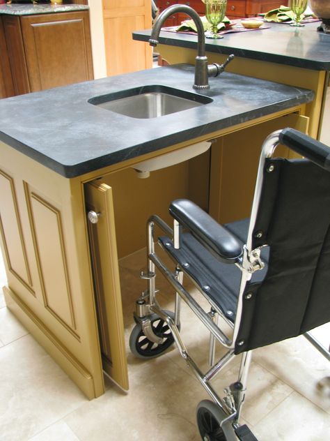 wheel chair access for sink cabinet Wheelchair Kitchen, Wheelchair Accessible Kitchen, Accessible Home Ideas, Accessible House Plans, Wheelchair Accessible Home, Ada Kitchen, Accessible Homes, Barrier Free Design, Accessibility Design