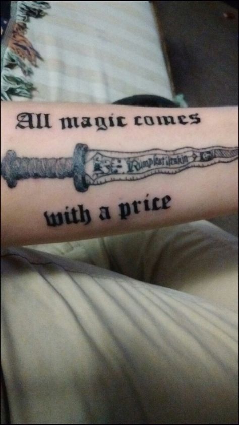 Finished Once Upon A Time Tattoo. Rumplestilitskin. Rumplestilskin's dagger. All magic comes with a price. OUAT. All Magic Comes With A Price Tattoo, Ouat Tattoo Ideas, Once Upon A Dream Tattoo, Once Upon A Time Tattoo Ideas, Ouat Tattoos, Once Upon A Time Tattoo, Places To Hide Tattoos, Someday Tattoo, Ox Tattoo