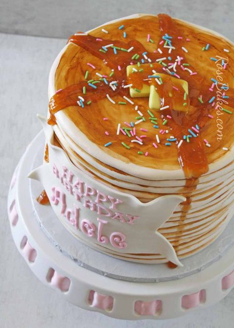 Stack of Pancakes Cake Pancake Stack Cake, Pancakes Cake, Birthday Cake Tutorial, Pancake Party, Stack Of Pancakes, Pancakes And Pajamas, Pancake Cake, Cake Photos, Pancake Stack