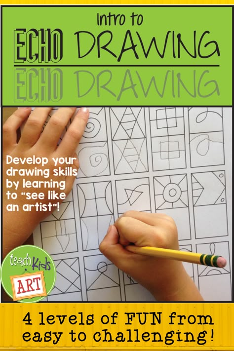 Learn to draw with Echo Drawing, an exercise that develops your ability to "see like an artist"! You'll begin to notice more details and relationships in the world all around you as you copy unique abstract designs through 4 levels of difficulty. Kids (and adults) of all ages enjoy improving their skills of careful observation and eye-hand coordination with Echo Drawing. It makes a great warm-up activity, an emergency sub plan, or a quiet activity for early finishers! Echo Drawing, Student Sketchbook, Art Sub Plans, Art Handouts, Learn To Sketch, Early Finishers Activities, Art Worksheets, Drawing Activities, Quick Draw