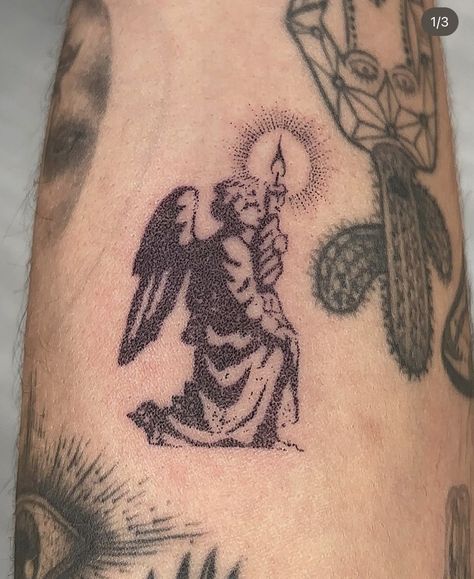 Simple Angel Tattoo Men, Small Angel Tattoo Men Arm, Men Angel Number Tattoo, Mens Cherub Tattoo, Mini Tattoo For Men, Small Filler Tattoo Ideas Men, Cherub Tattoo Back Of Arm, Under Arm Tattoo, Angel Tats