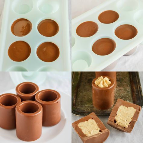 Chocolate Shot Glasses with Peanut Butter Mousse 1 Chocolate Pudding Dessert Cups, Baileys Desserts, Pudding Dessert Cups, Chocolate Alcoholic Drinks, Shot Glass Desserts Recipes, Chocolate Shot Glasses, Chocolate Pudding Dessert, Edible Shot Glasses, Edible Packaging