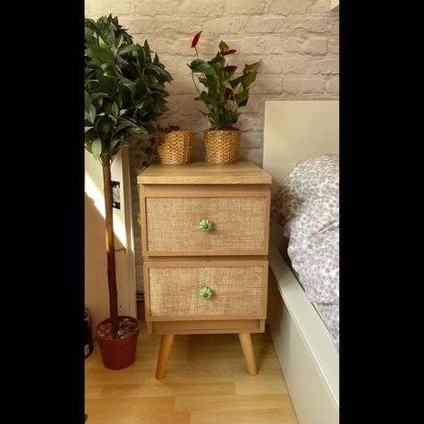 Upcycled IKEA Malm drawers created using hessian mesh, paint, fablon and furtniture legs Malm Nightstand Diy, Ikea Malm Nightstand Makeover, Upcycle Malm Drawers, Ikea Malm Upcycle, Malm Nightstand Makeover, Malm Drawers Makeover, Malm Upcycle, Ikea Malm Nightstand Hack, Malm Upcycling