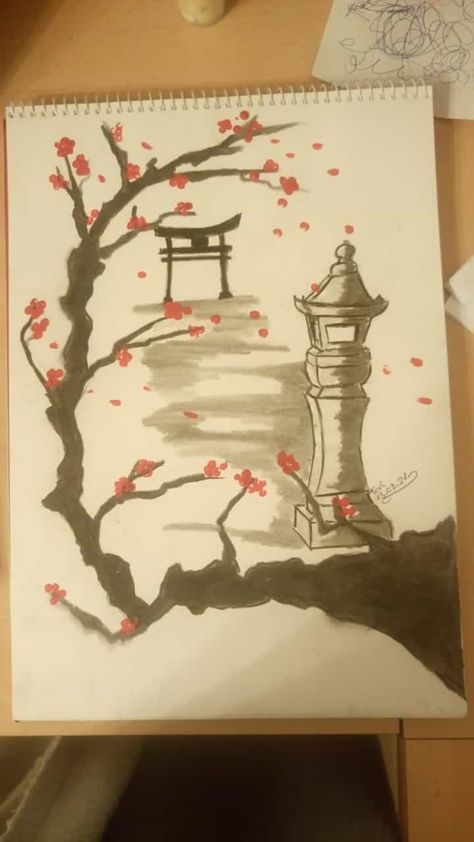 Inspired by the chinese art of Sumi-e, just with charcoal and acrylic paint. Chinese Painting Easy, Charcoal And Acrylic, Chinese Drawings, Chinese Theme, Samurai Wallpaper, Korean Painting, Torii Gate, Chinese Art Painting, Art Help