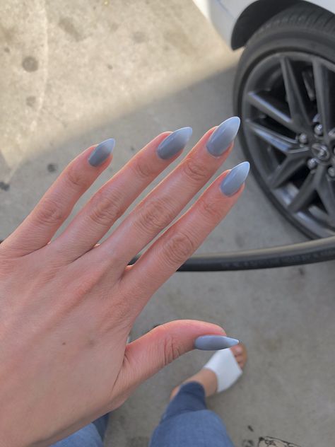 Nail Ideas Dusty Blue, Bluish Grey Nails Acrylic, Blue Shirt Almond Nails, Sheer Blue Nail Polish, Blue Grey Almond Nails, Milky Blue Gel Nails, Grey Nails 2023, Icy Grey Nails, Blue Sheer Nails