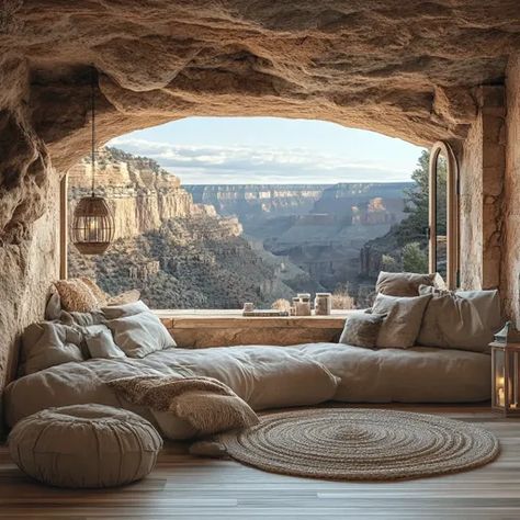 ↑↑↑ Larger size on website �🔸 A cozy cave dwelling with a stunning view of a canyon landscape. The room features a large window, a Cave Dwelling, Canyon Landscape, Window Reveal, Large Window, Rustic Stone, Comfy Couch, Stone Walls, Wooden Floor, Through The Window