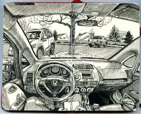 Inside the car | Yet again. A three-part sketch completed be… | Flickr Paul Heaston, Pocket Moleskine, Memory Drawing, Perspective Sketch, Moleskine Sketchbook, Perspective Art, Figure Sketching, Perspective Drawing, Sketchbook Inspiration