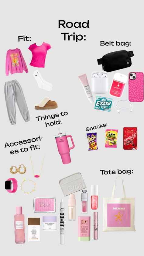 Road Trip Necessities, Trip Essentials Packing Lists, What To Pack For Vacation, Skincare Summer, Road Trip Bag, Sleepover Essentials, Road Trip Kit, School Backpack Essentials, Preppy Travel