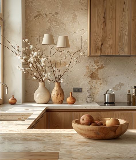 Japandi kitchens often feature a neutral color palette, blending muted tones like whites, creams, grays, and light wood tones. These colors… | Instagram Kitchen Ideas Stone Countertops, Light Home Design, Neutral Tone Kitchen, U Style Kitchen, White Wood Interior, Neutral Tones Home, Non White Kitchen Countertops, Kitchen Light Colors, All Cream Kitchen