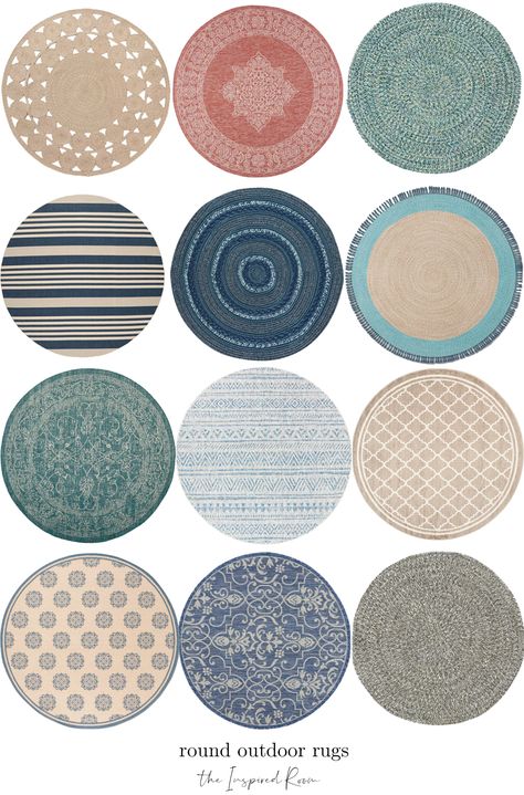 Ultimate Outdoor Rug Roundup (Target, Walmart, Pottery Barn, World Market, West Elm and more) - The Inspired Room Outdoor Rugs Patio Waterproof Round, Outdoor Round Rug, Round Outdoor Rug Patio Ideas, Gazebo Remodel, Outdoor Area Rugs Patio, Rugs To Make, Exterior French Doors, Pottery Barn Outdoor, Round Outdoor Rug