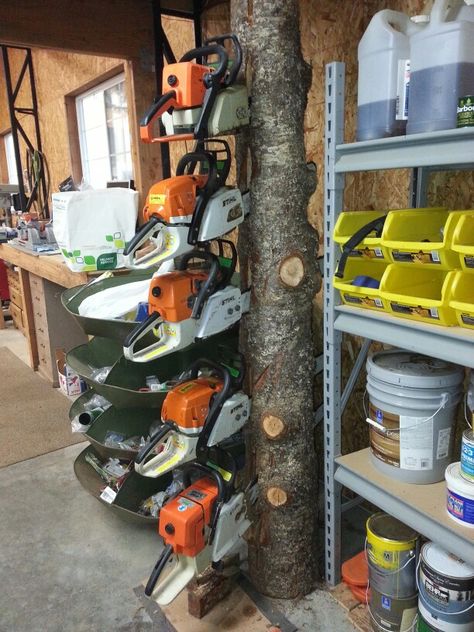 The original chainsaw holder! Chainsaw Holder, Diy Garage Storage, Garage Storage Organization, Shop Storage, Garage Tools, Shop Organization, Metal Art Diy, Workshop Storage, Diy Garage