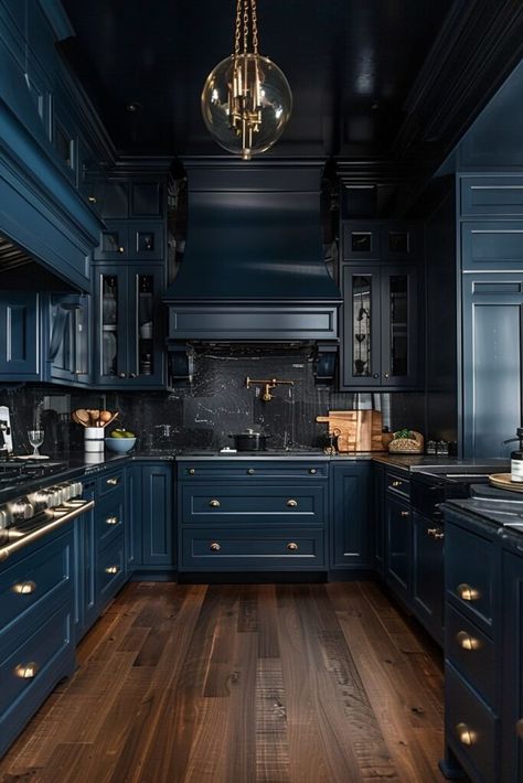 12 Dark Blue Kitchen Interior Designs For Your Inspiration! - My Decor Inspo Dark Blue Kitchen Ideas, Japandi Bedroom Interior Design, Dark Blue Kitchen Cabinets, Dark Blue Kitchen, Blue Kitchen Interior, Dark Blue Houses, Blue Cabinetry, Dark Blue Kitchens, Moody Kitchen