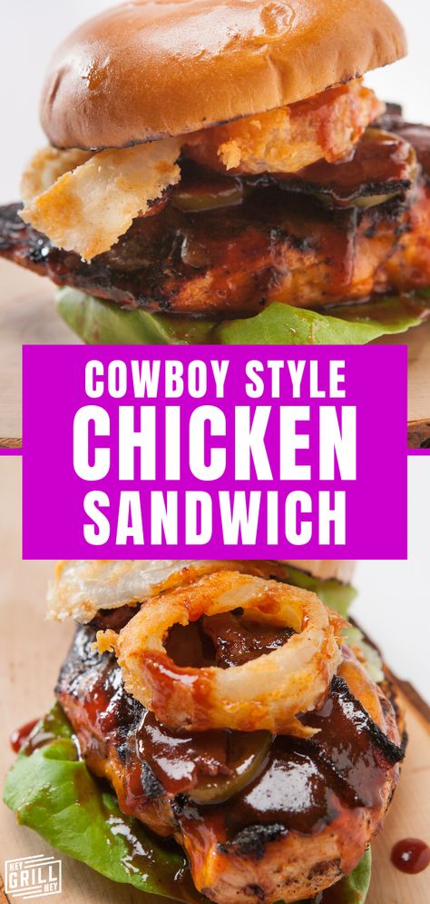 This Cowboy Style Chicken Sandwich is over the top in both flavor and flair thanks to a saucy slather of BBQ sauce, maple peppered bacon, cheddar cheese, pickled jalapenos, and amazing homemade buttermilk onion rings. This monster of a sandwich beats any sandwich you could get from your local drive thru any day. Maple Chicken Sandwich, Chicken Sandwich Blackstone, Buttermilk Onion Rings, Chicken Bacon Sandwich, Bbq Recipes Sides, Peppered Bacon, Grilled Dinner Recipes, Grilled Burger Recipes, Grilled Chicken Sandwich