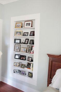 Built In Between Studs, Built In Shelf Hallway, Shelf Insert In Wall, Shelves Built Into Wall Studs, Bookshelf Between Studs, Bookcase Between Studs, Inset Shelves In Wall Living Room, Shelves In Wall Cutout, Recessed Bookshelf In Wall