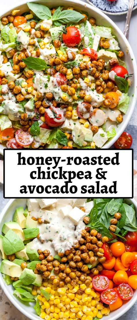 Chickpea And Avocado Salad, Pescetarian Meals, Creamy Herb Dressing, Chickpea And Avocado, Honey Roasted Chickpeas, Roasted Chickpea Salad, Living Foods, Bowls Recipes, Roasted Chickpea