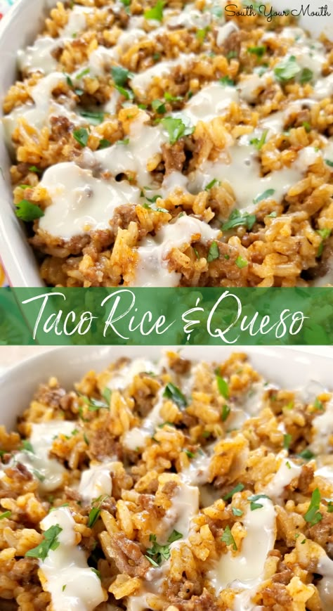 An easy one-pan skillet dinner recipe made with ground beef, taco seasoning and Mexican style rice drenched in an easy queso cheese sauce. Beef Taco Seasoning, Queso Cheese Sauce, Ground Beef Taco Seasoning, Taco Rice Skillet, Ground Beef Taco, Mexican Style Rice, Taco Rice, Easy Queso, Skillet Dinner Recipes